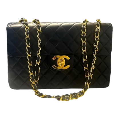 Vintage Chanel Maxi Classic Double Flap Bag Black Lambskin 24K Gold Hardware