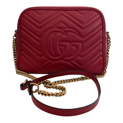 Gucci Marmont Medium Red Matelasse Red Crossbody Camera Bag Purse Chevron