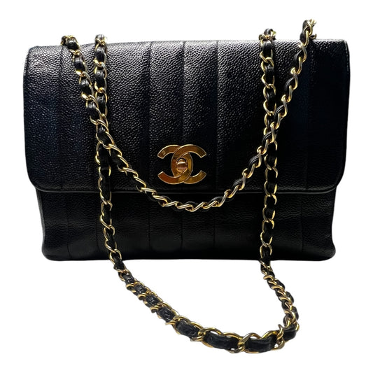 Chanel Straight Flap Mademoiselle Double Chain Bag  Black Caviar